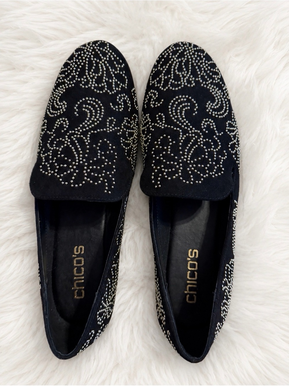 NWT Chico's Women’s Harmony Black Loafers with Silver Stud Pattern Size 8.5